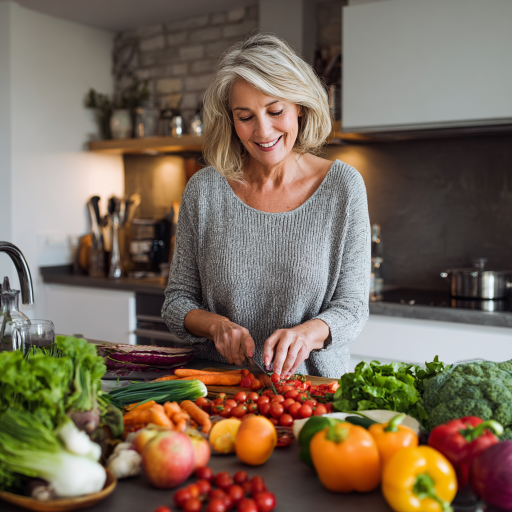 middle-aged woman preparing healthy colorful meal in modern kitchen with fresh vegetables and fruits