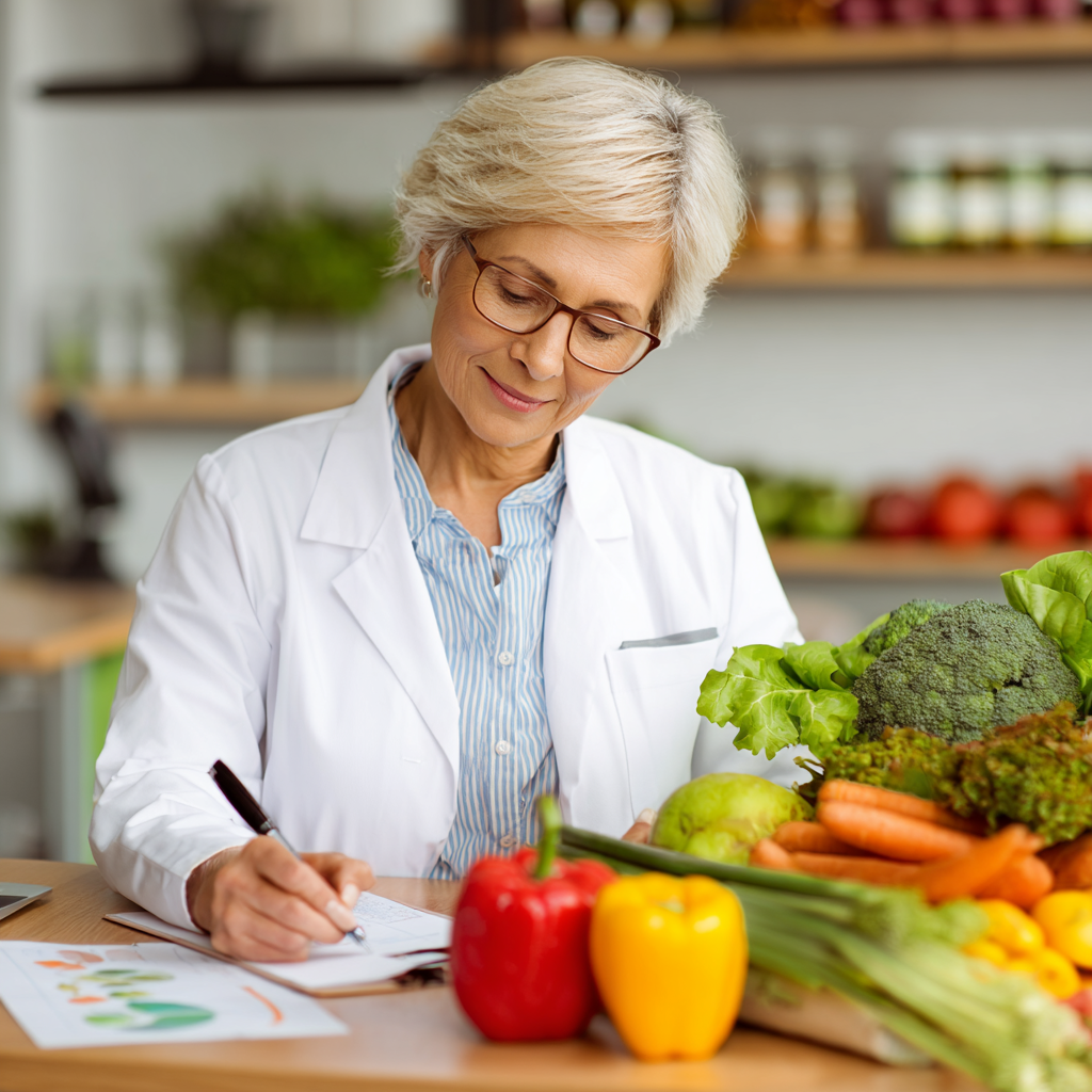 experienced nutritionist working with dietary analysis charts and fresh ingredients in consultation office