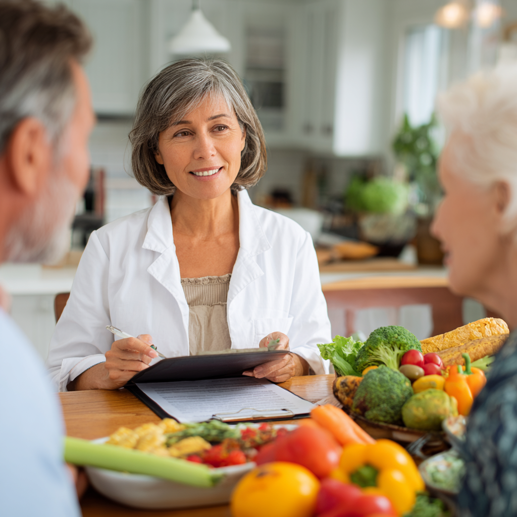 experienced nutritionist discussing meal planning with mature adults in consultation room