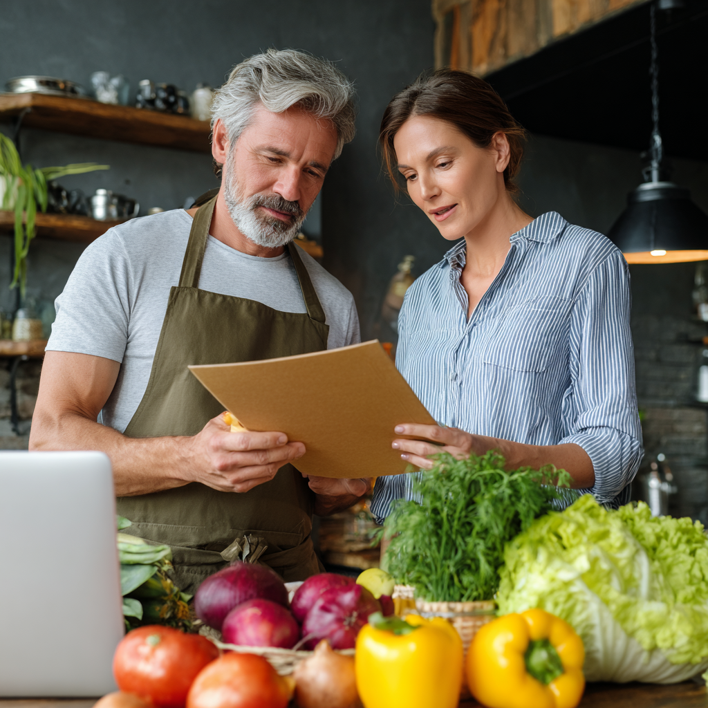 nutritionist consulting with middle-aged client reviewing personalized meal plan with fresh ingredients