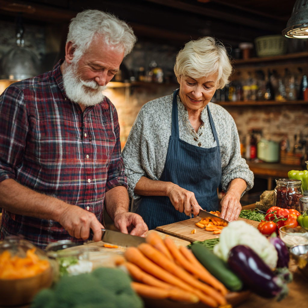 mature man and woman cooking together preparing balanced meal with vegetables and whole grains